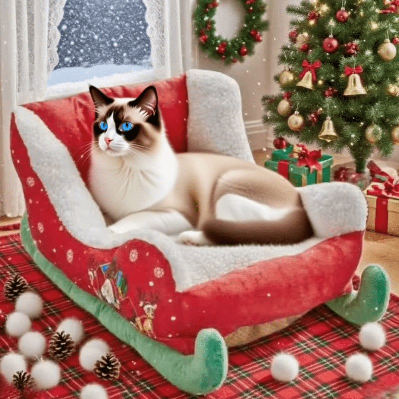 Christmas Snow Sled Cat & Dog Bed - Removable Washable Soft Polyester Pet Bed with Cozy Sled Design, Red/White Trim & Green Legs - Winter Warmth Cat & Dog Mat for Holiday Home Decor, Durable Easy-Clean Pet Bedding