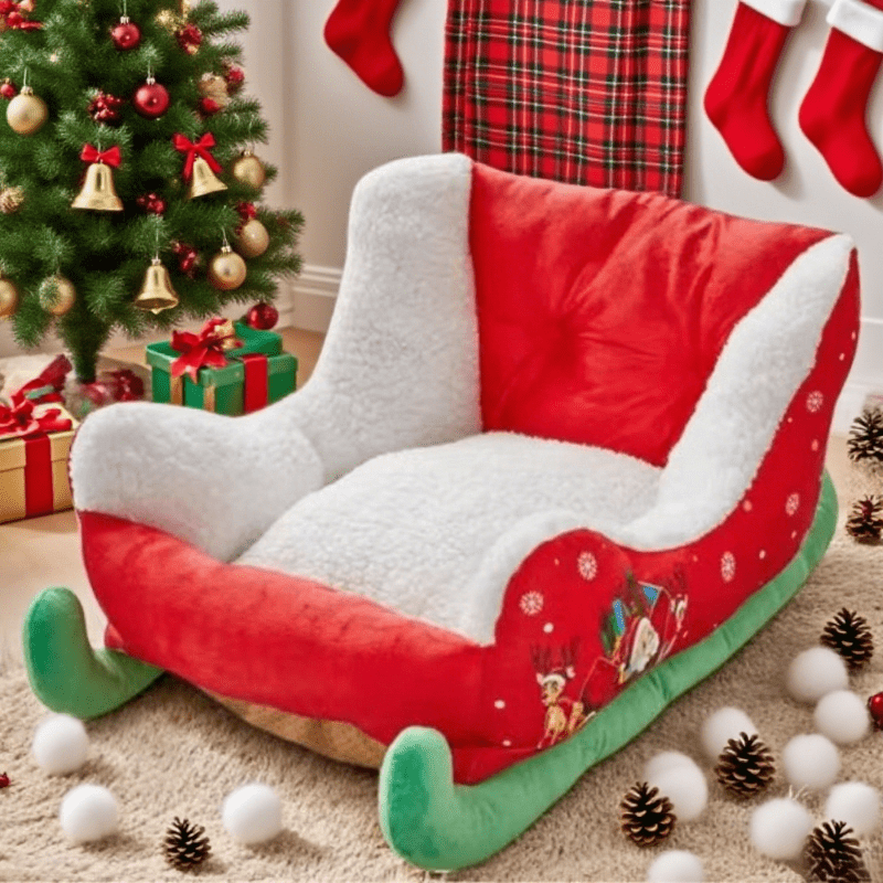 Christmas Snow Sled Cat & Dog Bed - Removable Washable Soft Polyester Pet Bed with Cozy Sled Design, Red/White Trim & Green Legs - Winter Warmth Cat & Dog Mat for Holiday Home Decor, Durable Easy-Clean Pet Bedding