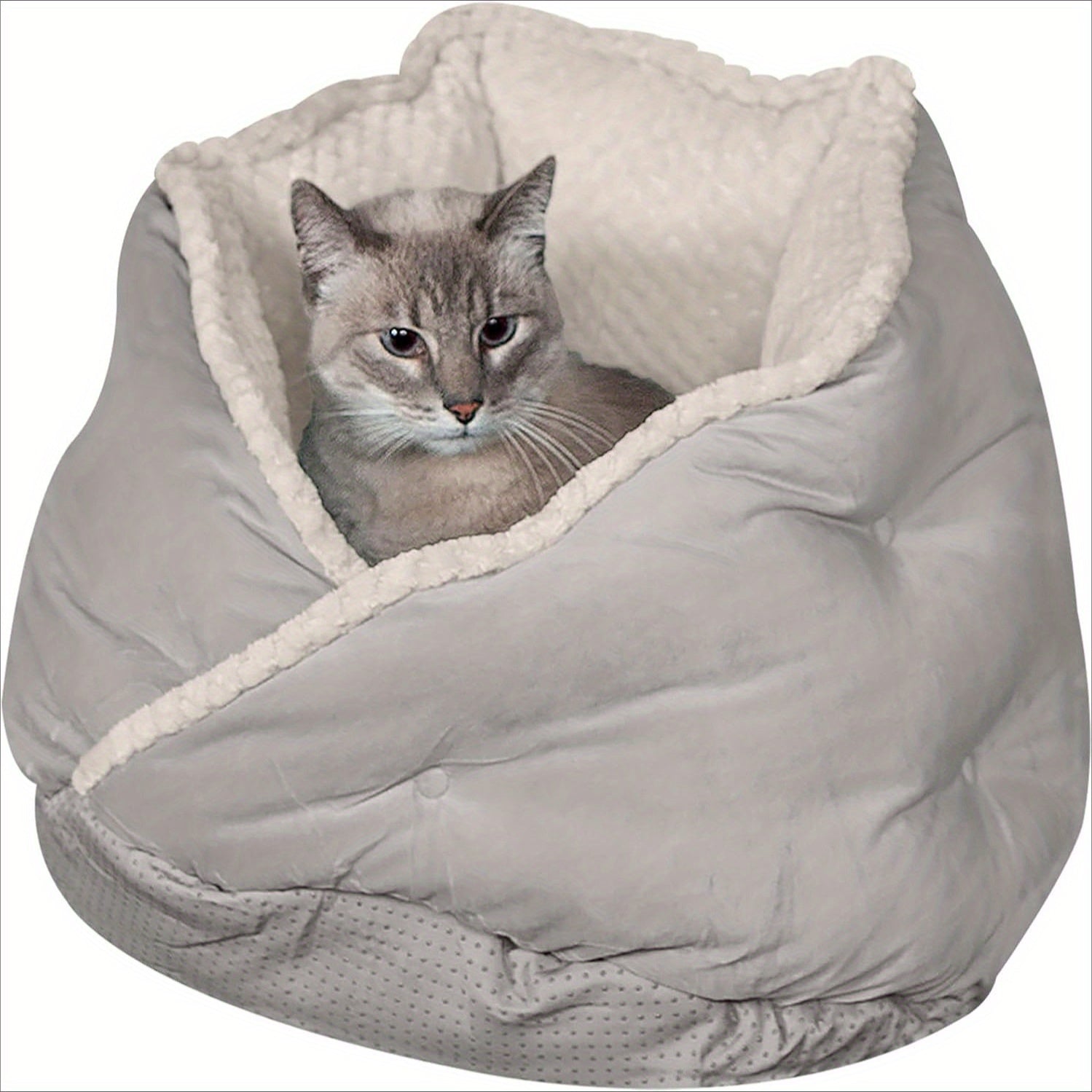 1pc Cozy Minky Plush & Velvet Pet Bed for Cats & Small Dogs, Non-Slip Bottom, Soft Gray with White Trim, Washable & Durable, Holds Up to 35 lbs, Perfect for Indoor Comfort, Cute Cat Bed