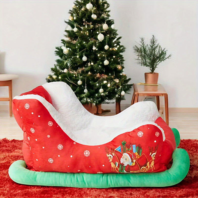 Christmas Snow Sled Cat & Dog Bed - Removable Washable Soft Polyester Pet Bed with Cozy Sled Design, Red/White Trim & Green Legs - Winter Warmth Cat & Dog Mat for Holiday Home Decor, Durable Easy-Clean Pet Bedding