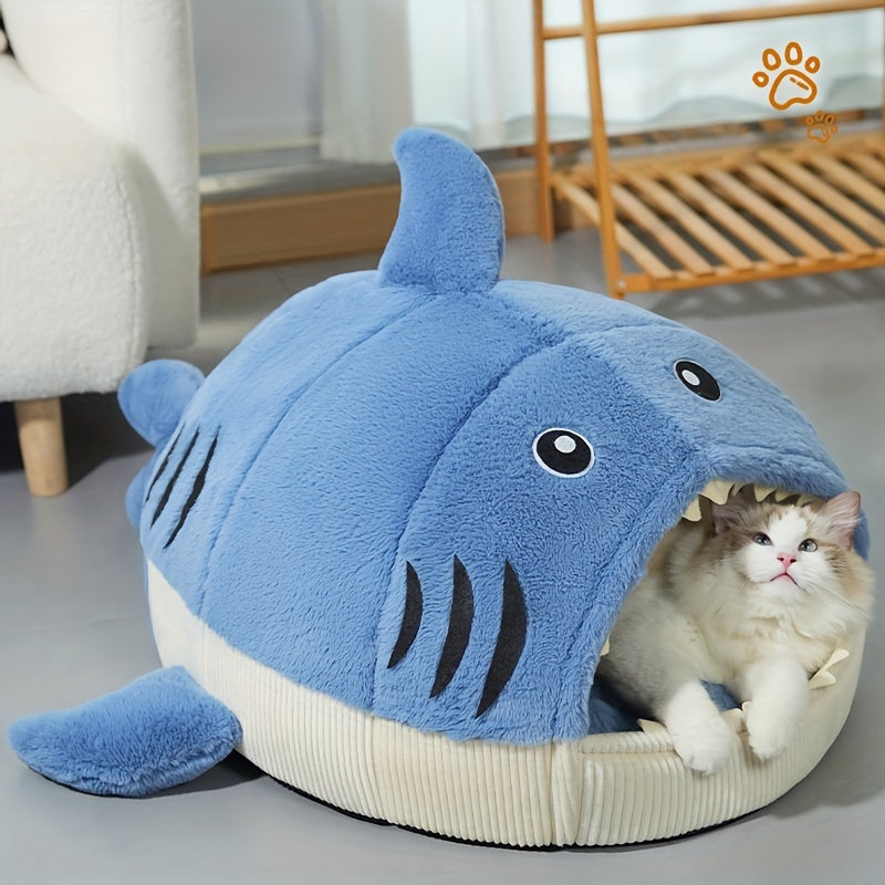 [Cozy Shark Pet Bed] Cozy Thick Plush Shark-Shaped Pet Bed for Cats & Dogs | Modern Winter Nest, Non-Assemble Polyester, Christmas Halloween Gifts