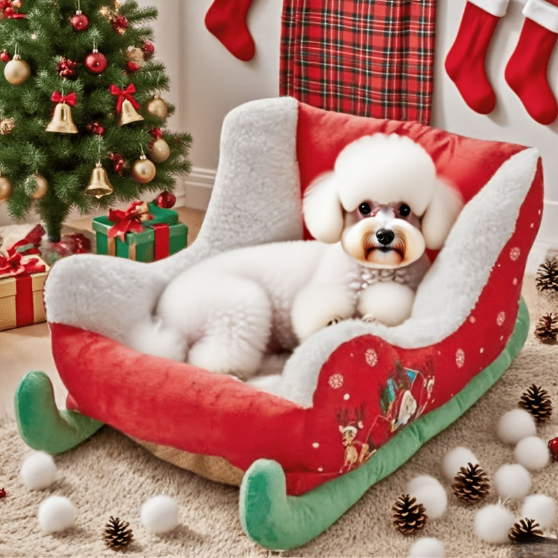 Christmas Sled Dog Bed & Cat Mat - Winter Warm Pet Bed with Removable Washable Cover, Soft Polyester Fill, Festive Red & Green Design for Small/Medium Dogs & Cats, Cozy Holiday Decor for Christmas, Christmas Bed for Dogs, Pet Comfort, Plush Pet Furniture,