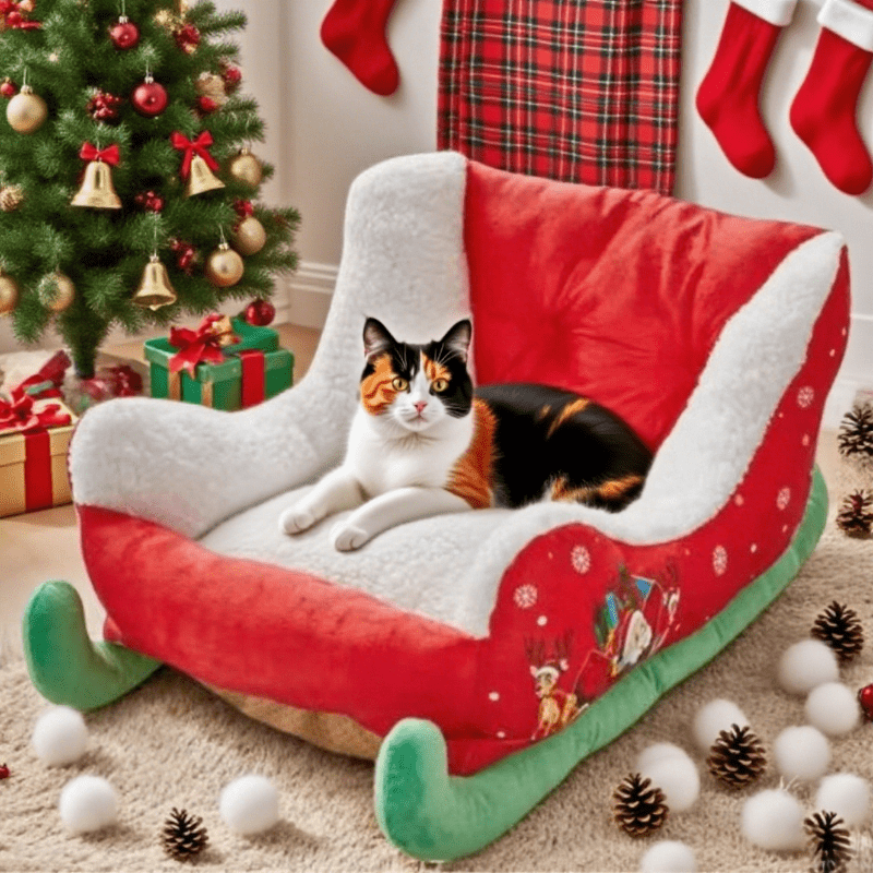 Christmas Snow Sled Cat & Dog Bed - Removable Washable Soft Polyester Pet Bed with Cozy Sled Design, Red/White Trim & Green Legs - Winter Warmth Cat & Dog Mat for Holiday Home Decor, Durable Easy-Clean Pet Bedding
