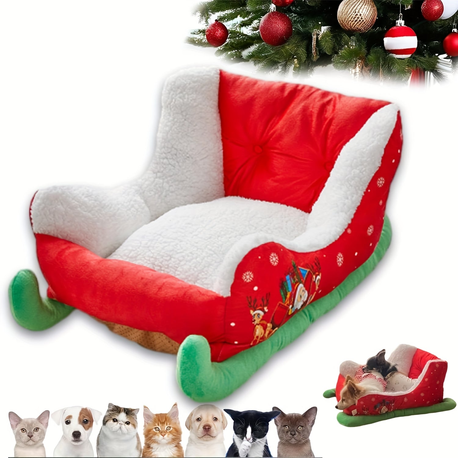 1pc Festive Red Christmas Sleigh Pet Bed for Cats & Small Dogs - Washable, Durable Holiday-Themed Pet Bed with Snowflake & Star Patterns, Perfect for Cozy Indoor Celebrations, Pet Bed for Dogs, Indoor Pet Furniture, Plush Pet Bed, Cozy Pet Bedding
