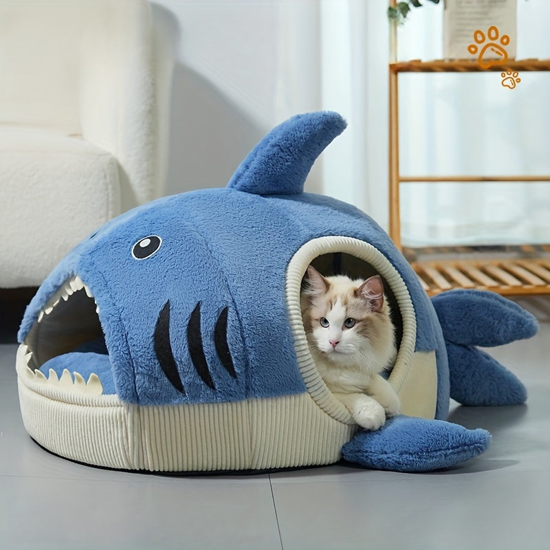 [Cozy Shark Pet Bed] Cozy Thick Plush Shark-Shaped Pet Bed for Cats & Dogs | Modern Winter Nest, Non-Assemble Polyester, Christmas Halloween Gifts