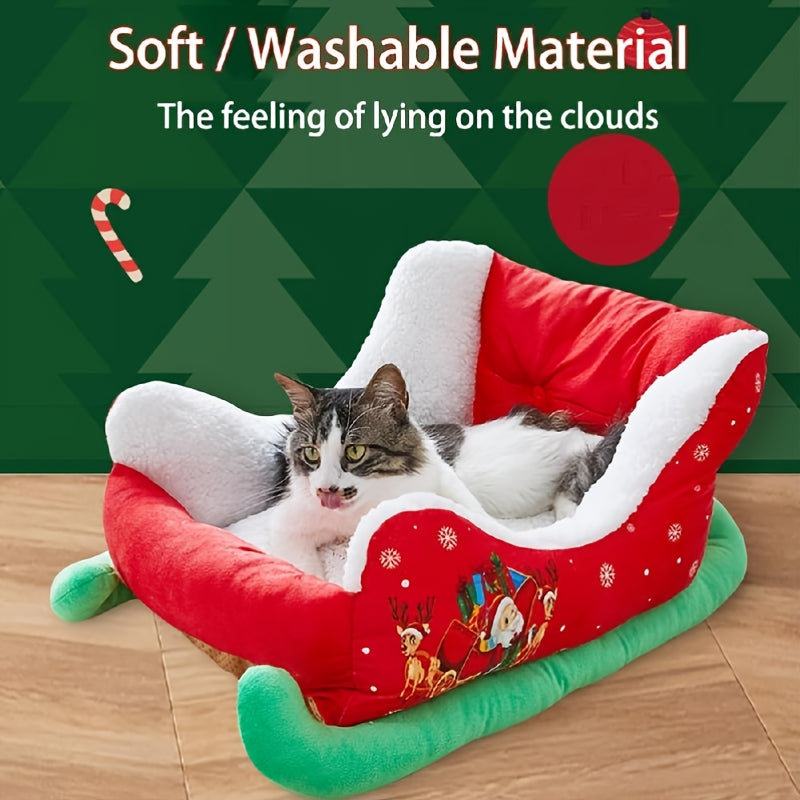 1pc Festive Red Christmas Sleigh Pet Bed for Cats & Small Dogs - Washable, Durable Holiday-Themed Pet Bed with Snowflake & Star Patterns, Perfect for Cozy Indoor Celebrations, Pet Bed for Dogs, Indoor Pet Furniture, Plush Pet Bed, Cozy Pet Bedding
