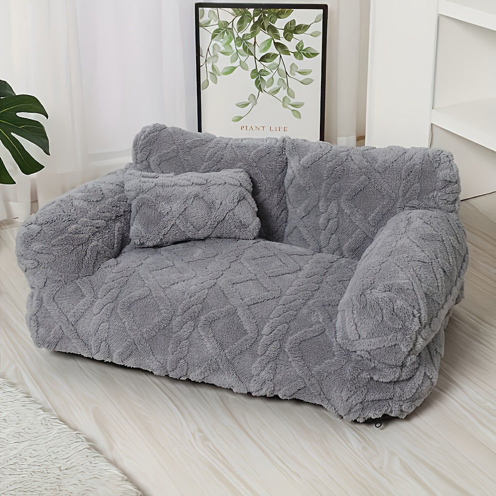 1pc Plush Pet Sofa Bed for Dogs & Cats - Removable Machine-Washable Covers, All-Season Warmth, Soft Polyester with Two Different Gray Designs, Strong & Durable, Simple & Beautiful, Ideal Gift for Pet Lovers, Pet Furniture Bed, Cozy Home Decor, Modern Pet