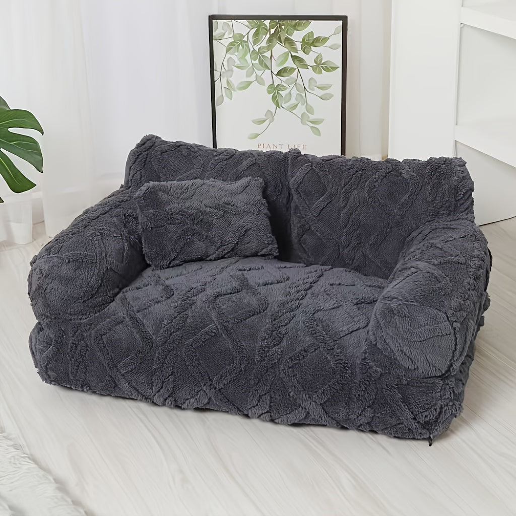 1pc Plush Pet Sofa Bed for Dogs & Cats - Removable Machine-Washable Covers, All-Season Warmth, Soft Polyester with Two Different Gray Designs, Strong & Durable, Simple & Beautiful, Ideal Gift for Pet Lovers, Pet Furniture Bed, Cozy Home Decor, Modern Pet