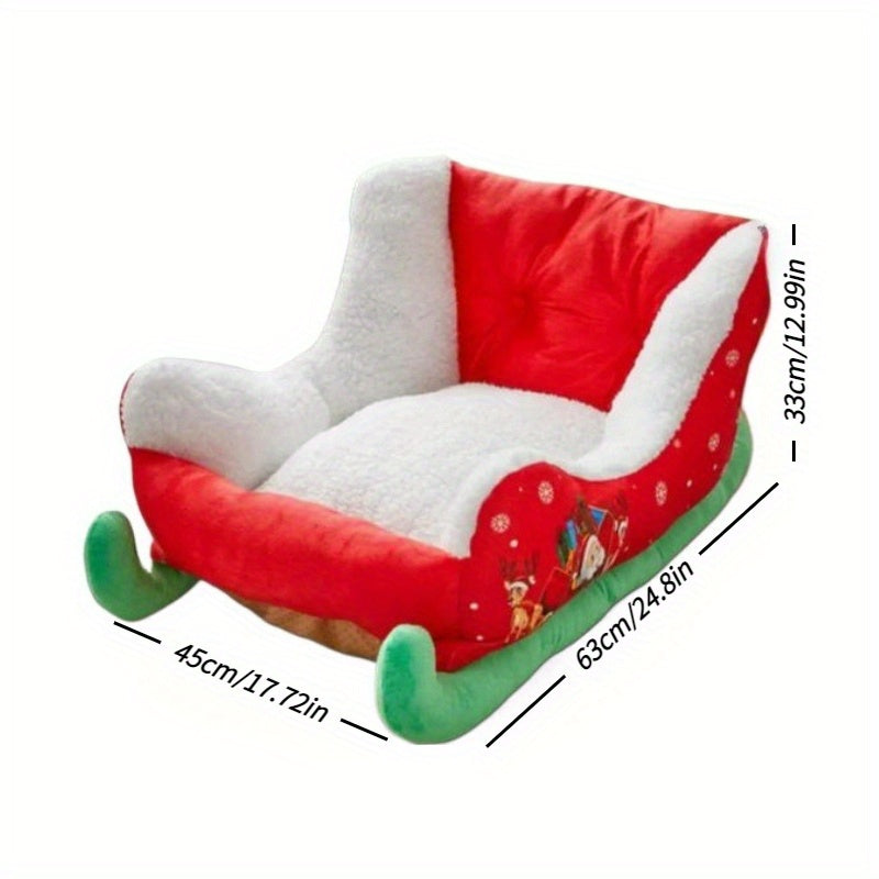 Christmas Snow Sled Cat & Dog Bed - Removable Washable Soft Polyester Pet Bed with Cozy Sled Design, Red/White Trim & Green Legs - Winter Warmth Cat & Dog Mat for Holiday Home Decor, Durable Easy-Clean Pet Bedding