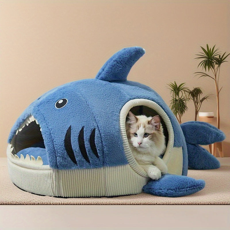 [Cozy Shark Pet Bed] Cozy Thick Plush Shark-Shaped Pet Bed for Cats & Dogs | Modern Winter Nest, Non-Assemble Polyester, Christmas Halloween Gifts