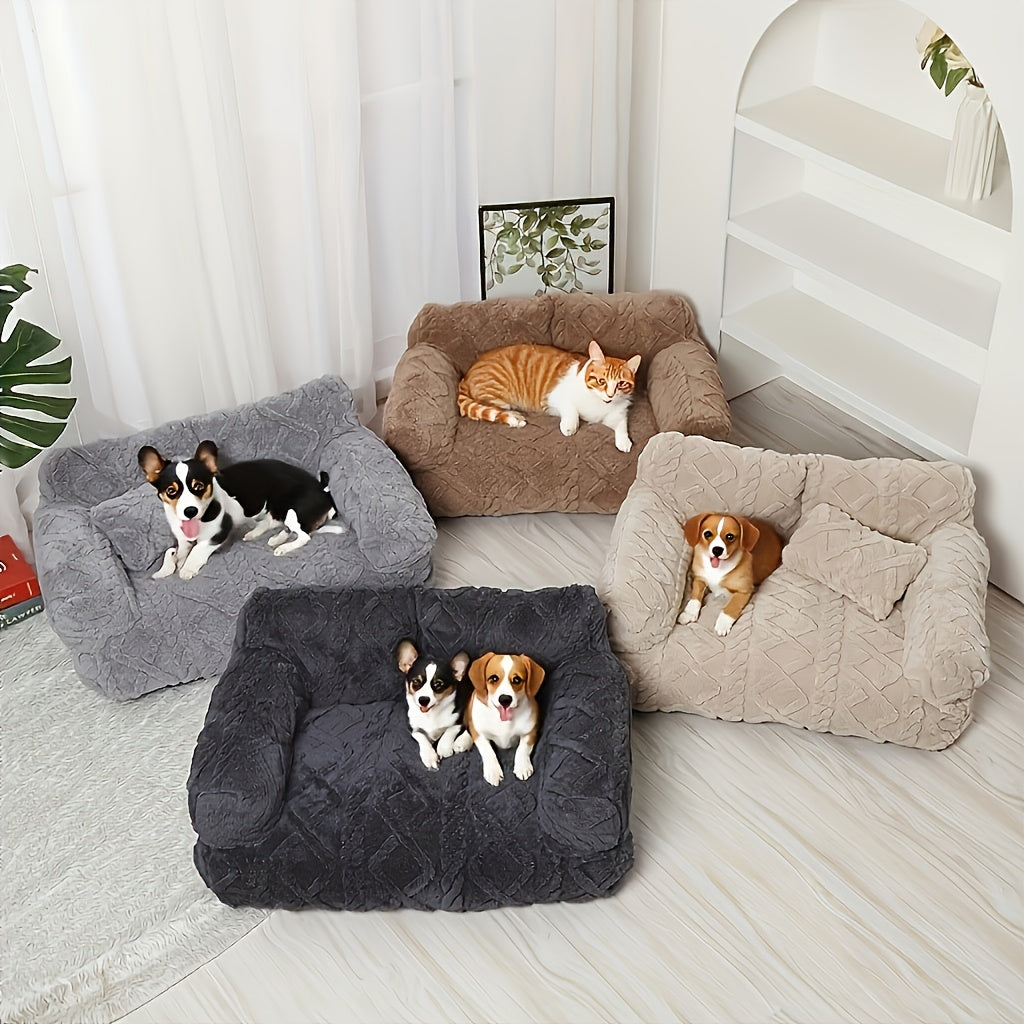 1pc Plush Pet Sofa Bed for Dogs & Cats - Removable Machine-Washable Covers, All-Season Warmth, Soft Polyester with Two Different Gray Designs, Strong & Durable, Simple & Beautiful, Ideal Gift for Pet Lovers, Pet Furniture Bed, Cozy Home Decor, Modern Pet