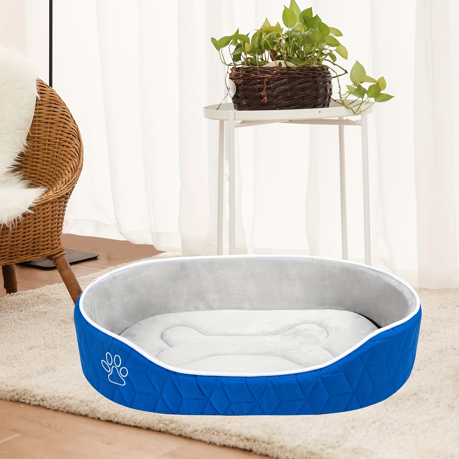 Luxurious Royal Blue Plush Dog Bed Mat - Reversible, All-Season Comfort with Non-Slip Bottom, Quilted Design for Small to Medium Breeds, Oval-Shaped Pet Nest Pad, Large Dog Bed